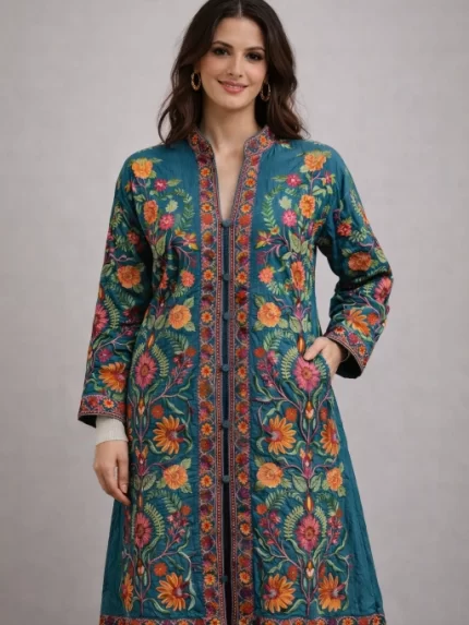 Kashmiri Embroidery Long Silk Coat