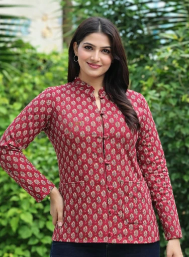 Short Jaipuri Quilted Reversible Jackets – Maroon Red Print