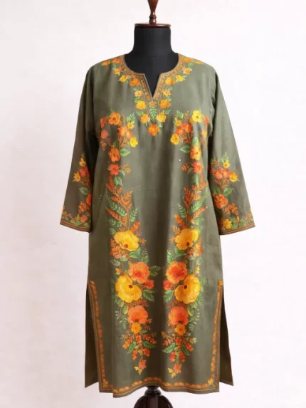 Kashmiri Woolen Kurti - Olive Green