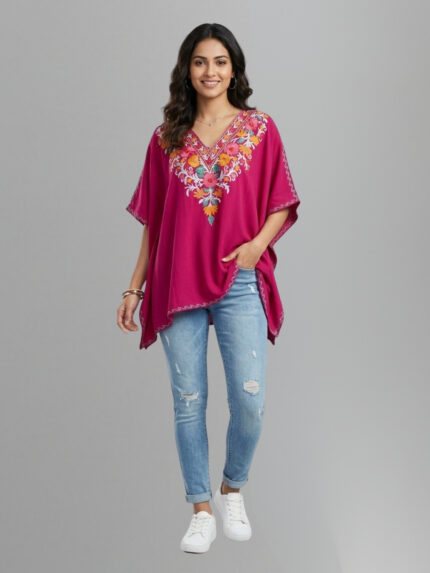 Crush Cotton Kaftan Top Pink Multi Embroidery