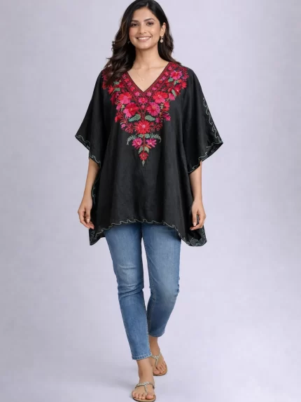 Crush Cotton Kaftan Top Black Multi Color Embroidery