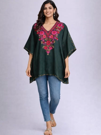 Crush Cotton Kaftan Top Dark Green Multi Color Embroidery