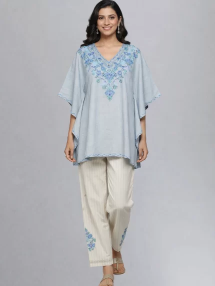 Crush Cotton Kaftan Top Grey Multi Embroidery