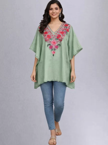 Crush Cotton Kaftan Top Light Olive Green Multi Color Embroidery