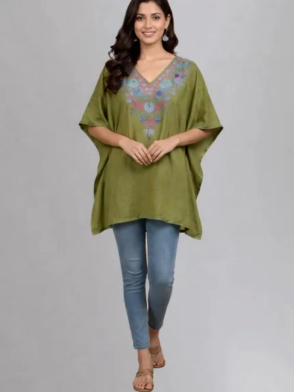 Crush Cotton Kaftan Top Olive Green Multi Embroidery