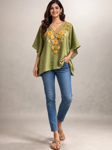 Crush Cotton Kaftan Top Olive Green Yellow Multi Embroidery