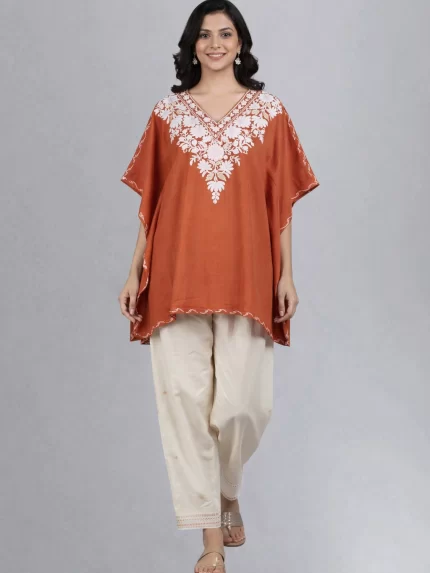 Crush Cotton Kaftan Top Rust White Embroidery