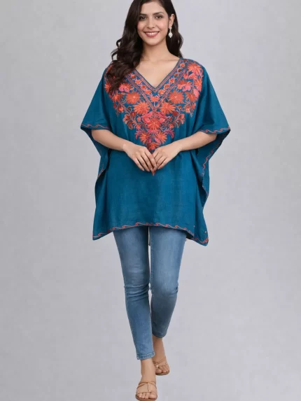 Crush Cotton Kaftan Top Teal Multi Embroidery