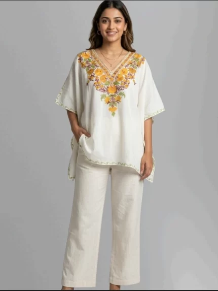 Crush Cotton Kaftan Top White Multi Color Embroidery