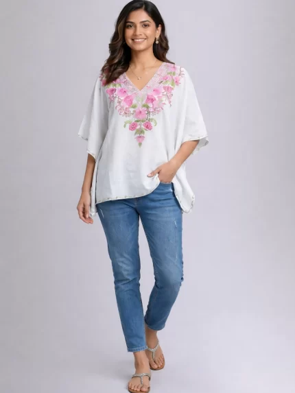 Crush Cotton Kaftan Top White Pink Multi Color Embroidery