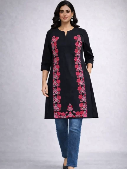Black Floral Embroidered Rayon Kurti – Elegant Office Wear